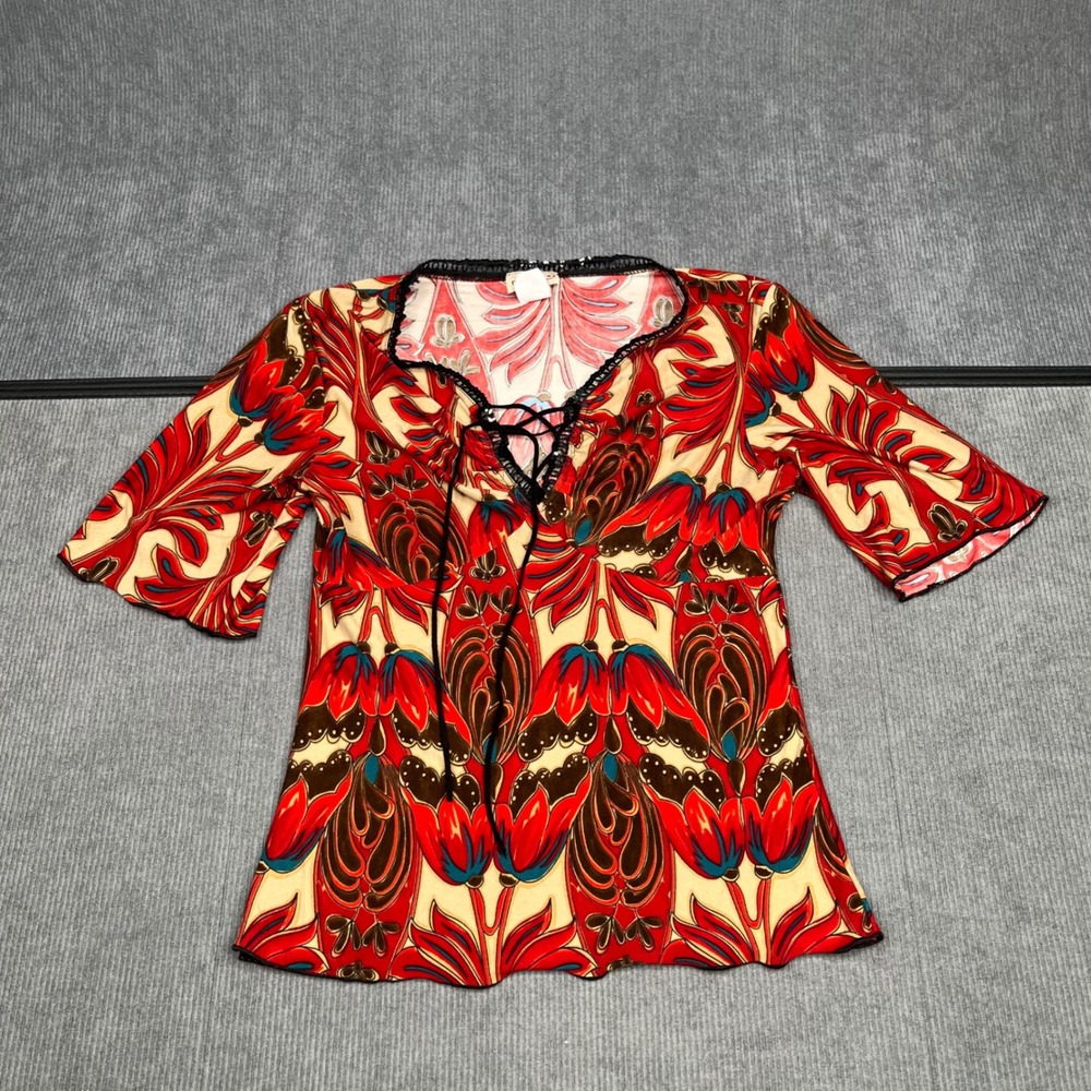 Vintage Muaa USA Floral Art Nouveau Scoop Neck y2k Top Red Brown T-2624 Mediano